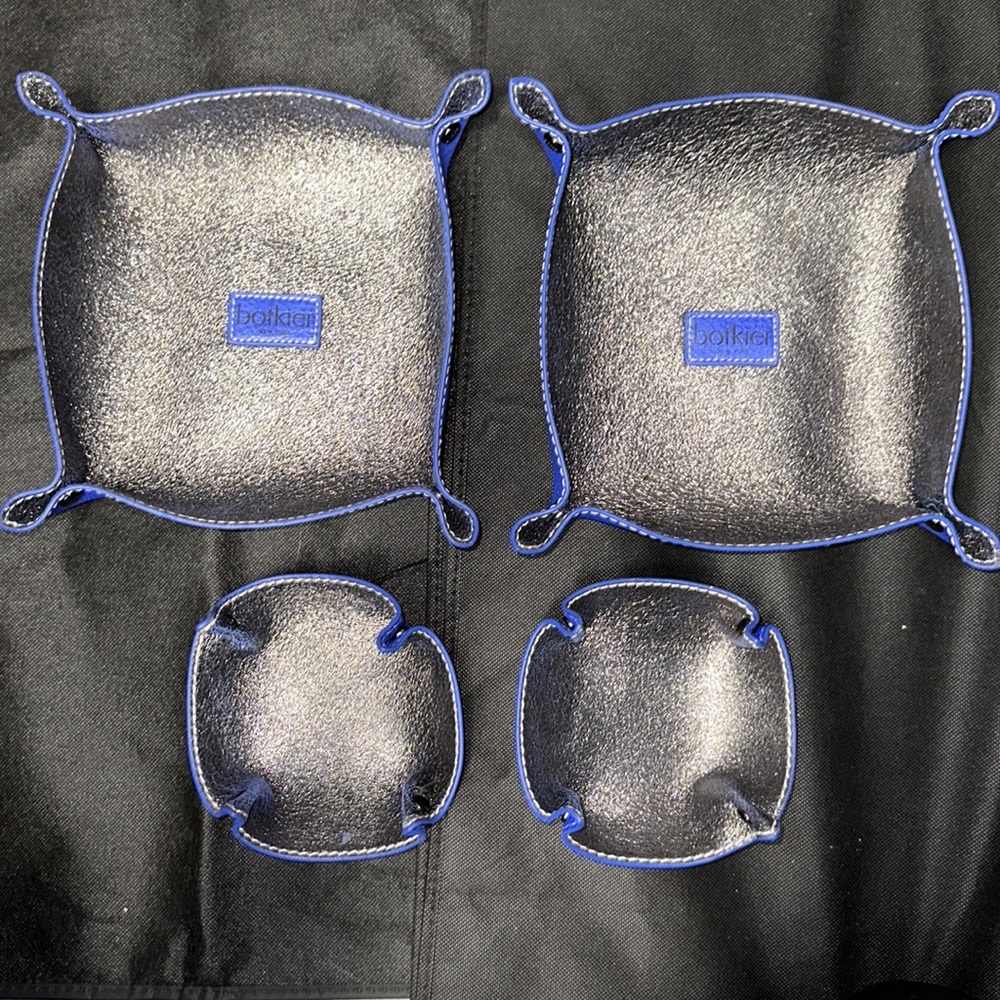 Botkier Cobalt Blue Metallic Gunmetal Silver Snap Catchall Leather Tray Set